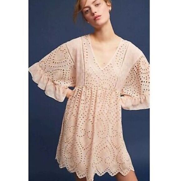 New Anthropologie Akemi+Kin Eyelet Blush Pink Swing Babydoll Style Dress Sz 4 - Picture 2 of 12
